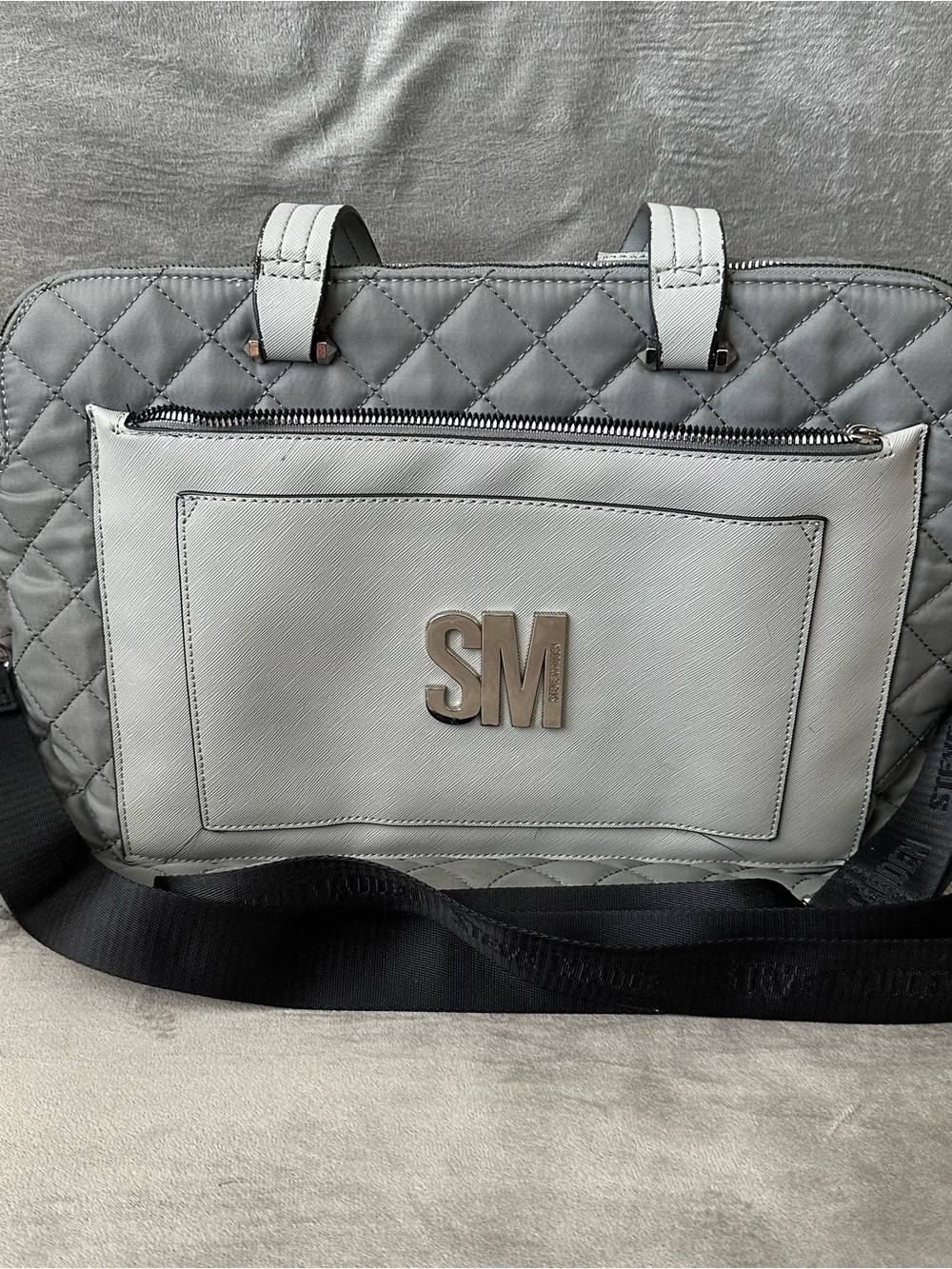 Steve Madden Quilted Gray Laptop Tote with Front Pocket and SM Initials